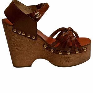 Authentic CHANEL Brown Platform Wedge Sandals Size 12 or EU Size 42